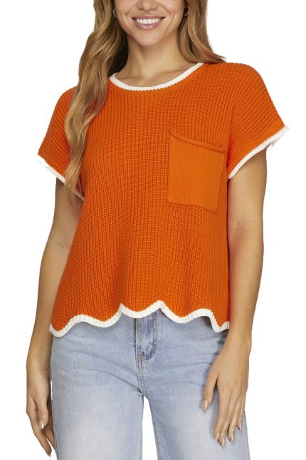 Drop Shoulder Short Sleeve Scallop Hem Sweater Top