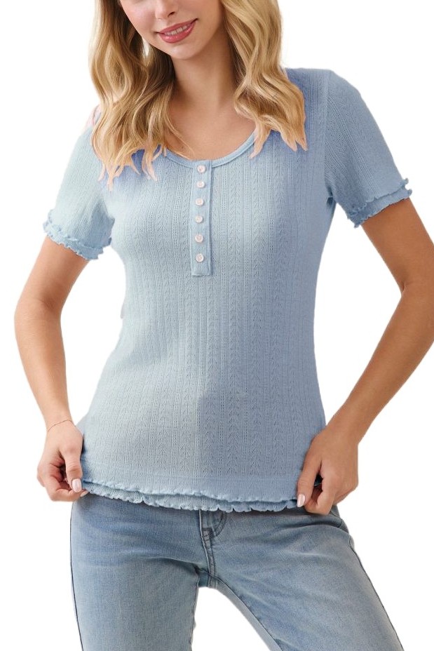 Ruffle Trim Pointelle Knit Henley Top