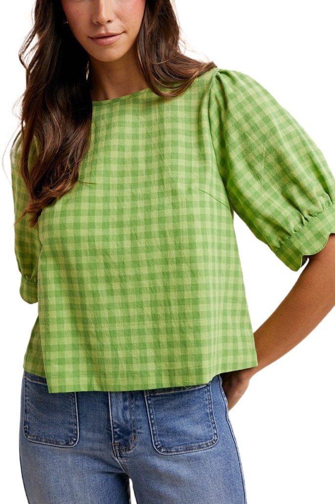 Gingham Check Scalloped Puff Sleeve Cotton Blouse