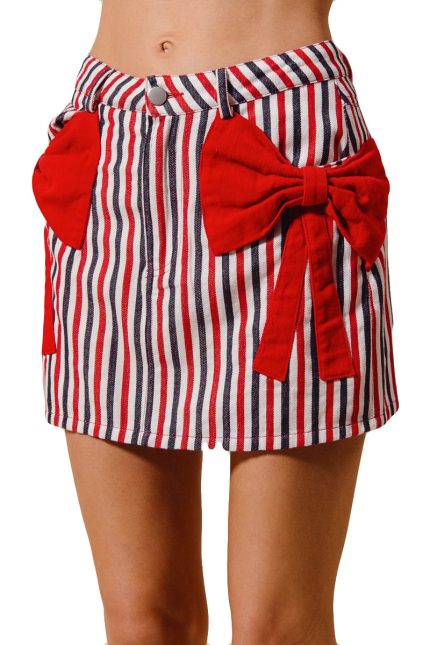 Contrast Bow Knot Pocket Fourth Of July Denim Skir