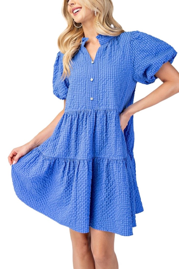 Seersucker Puff Sleeve Mini Dress