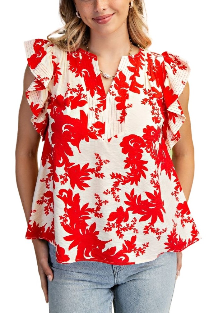 Floral Print Flutter Sleeve V-neck Blouse