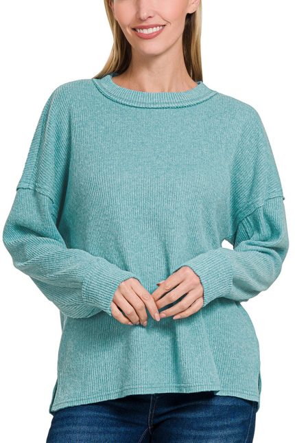 Brushed Ribbed Hacci Exposed Seam Drop Shoulder Sweater