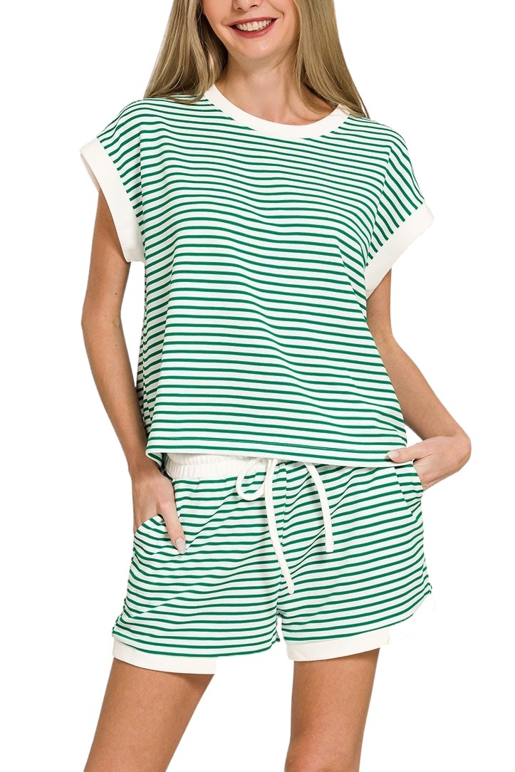 Stripe Contrast Trim Top N Shorts Set