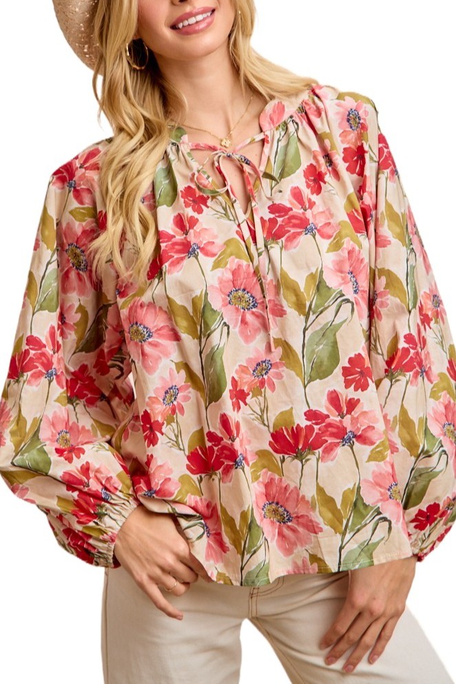 Floral Print Exaggerated Balloon Sleeves Top