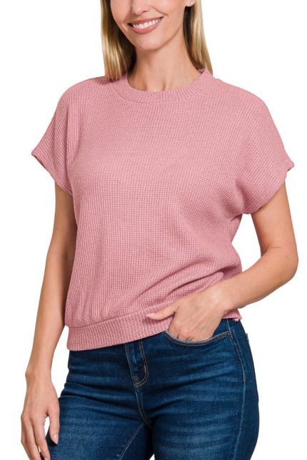 Round Neck Banded Botton Short Sleeve Sweater