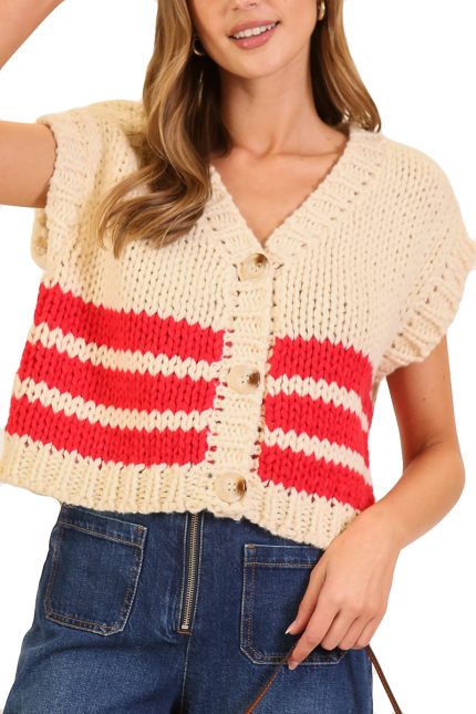 Striped Button-front Knit Vest Top