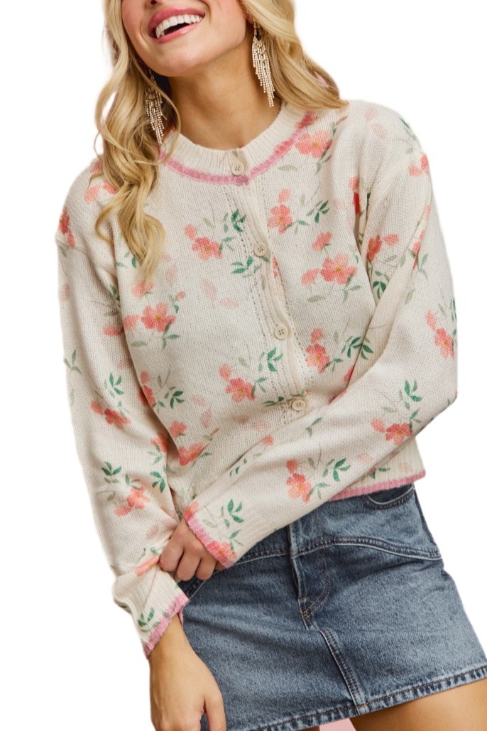 Floral Sweater Cardigan With Contrast Color