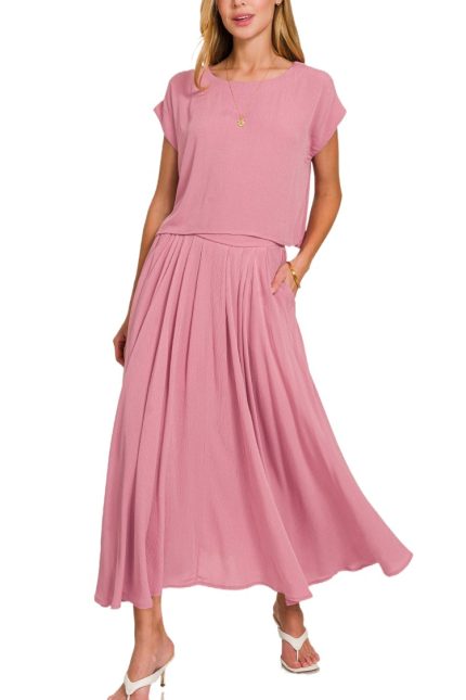 Woven Crinkle Gauze Crop Tee And Skirt Set