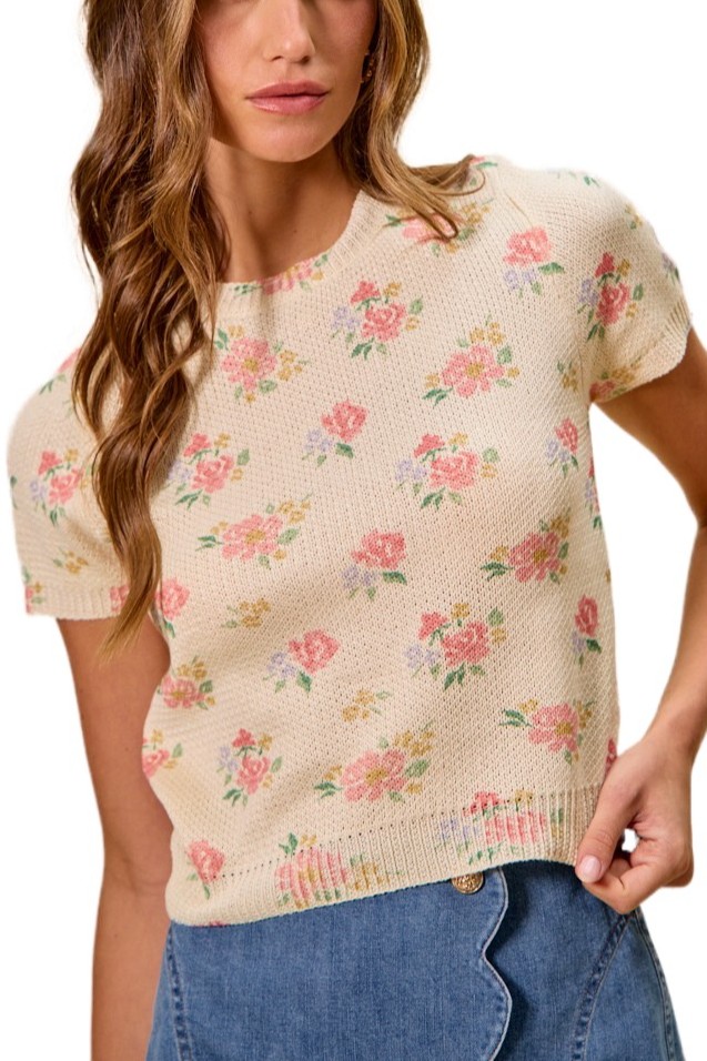 Floral Print Short Sleeves Sweater Knit Top