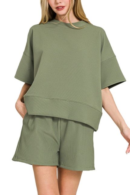 Ribbed Round Neck Waist Banded Tee And Shorts Set