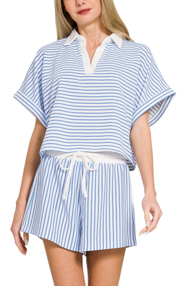 Striped Collared Top N Shorts Set