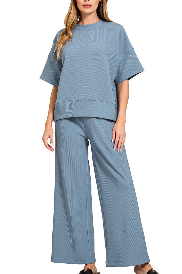 Ribbed Round Neck Tee N Pants Set