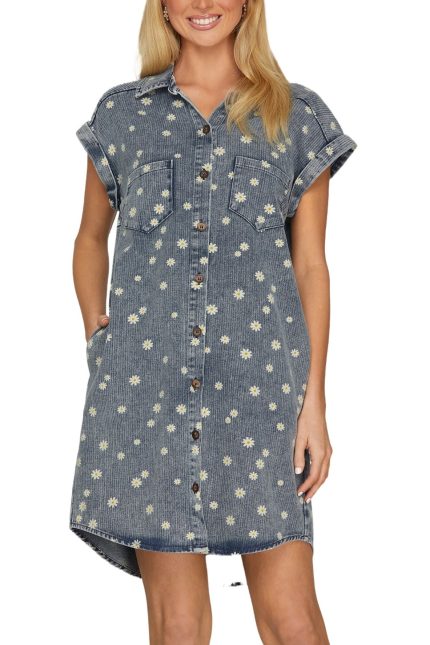 Flowers Print Denim Shirt Dress