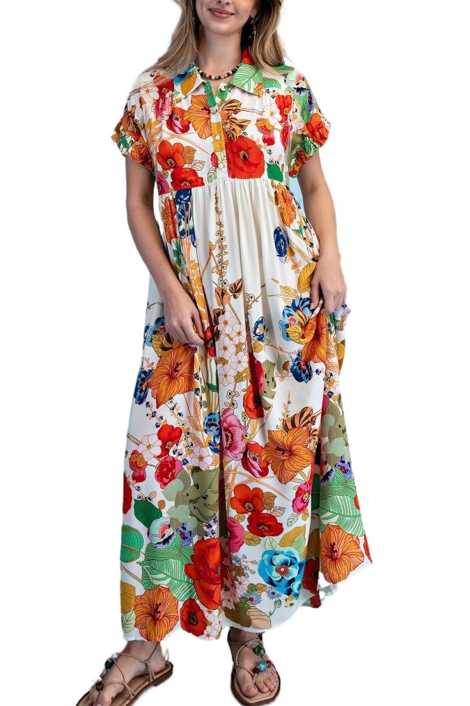 Floral Print Half Button Maxi Shirt Dress