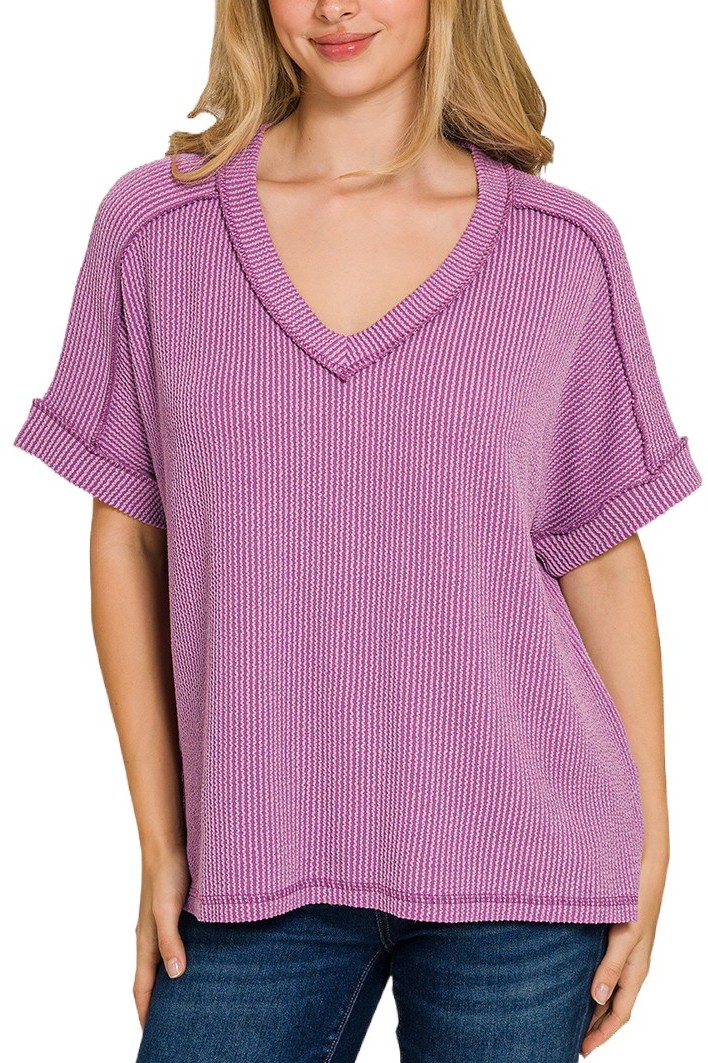 Raised Rib Short Sleeve Hi-low V Neck Top