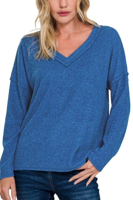 Ribbed V-neck Drop Shoulder Top