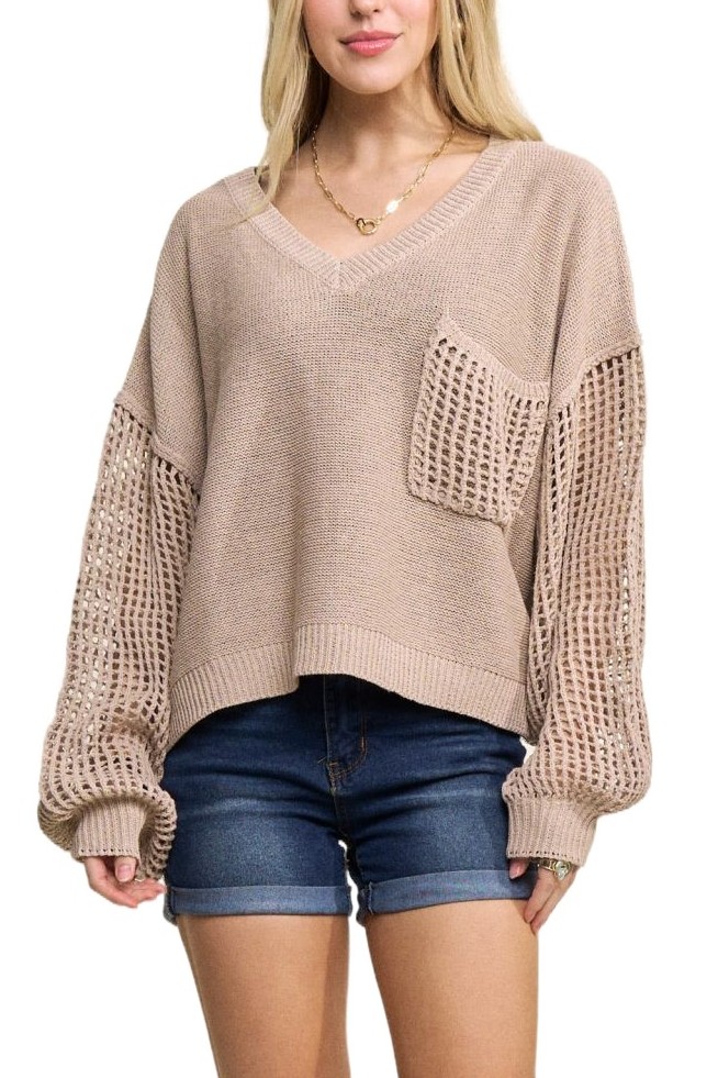V-neck Loose Knit Sweater Mesh Sleeves