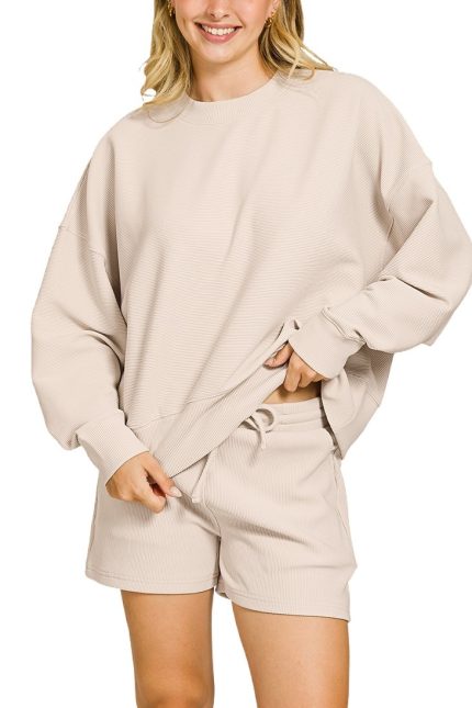 Ribbed Round Neck Pullover And Shorts Set