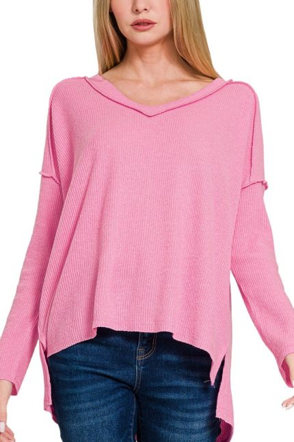 Brushed Ribbed Hacci Drop Shoulder V-neck Sweater