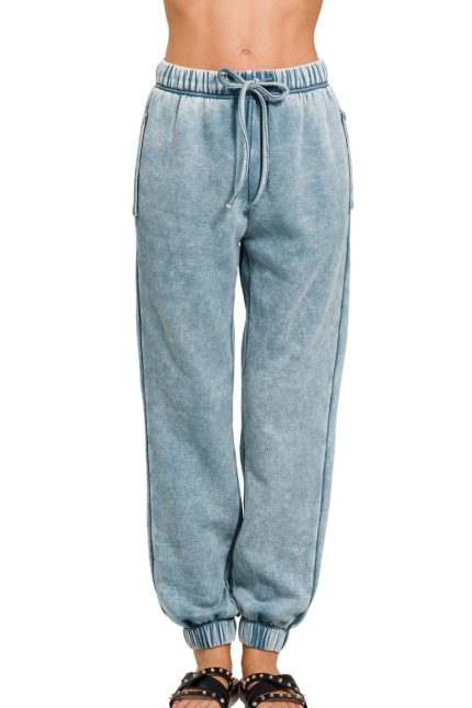 Acid Wash Fleece Sweatpants With Pockets
