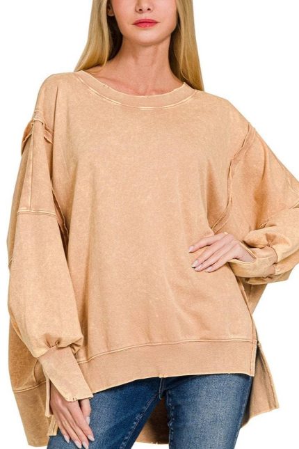 Acid Wash Sweatshirt - Exposed-seam With Hi-low Hem