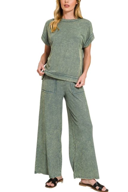 Ribbed Acid Wash Rayon Top N Pants Set