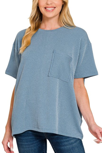 Corded Rib Short Sleeve Front Pocket Top