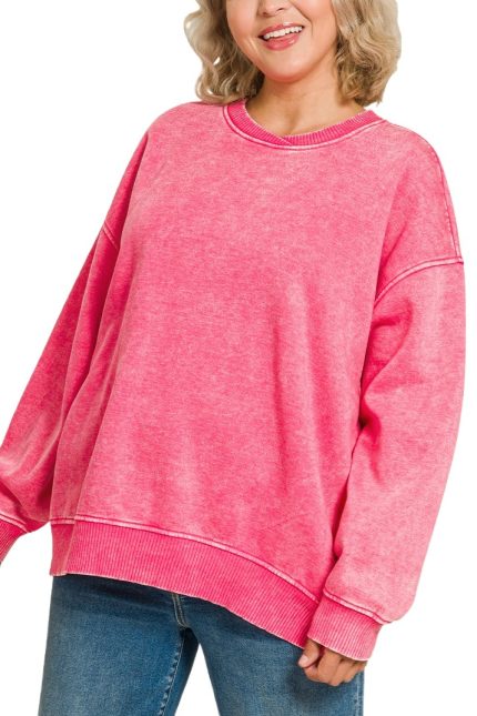 Plus Acid Wash Oversized Fleece Pullover