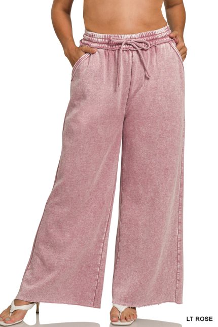 Plus Acid Wash Fleece Palazzo Sweatpants With Pockets
