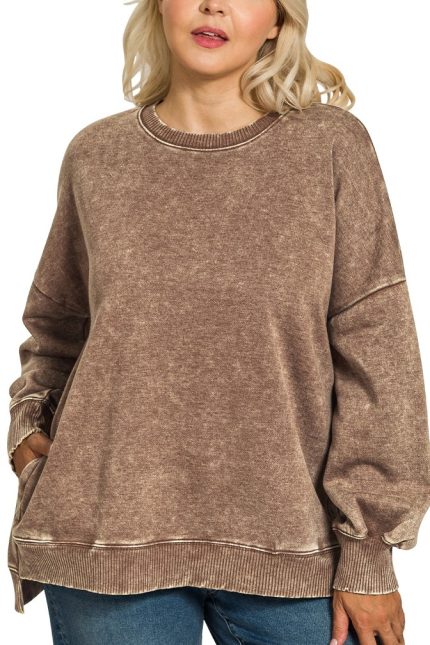 Plus Acid Wash Fleece Hi-low Hem Pullover