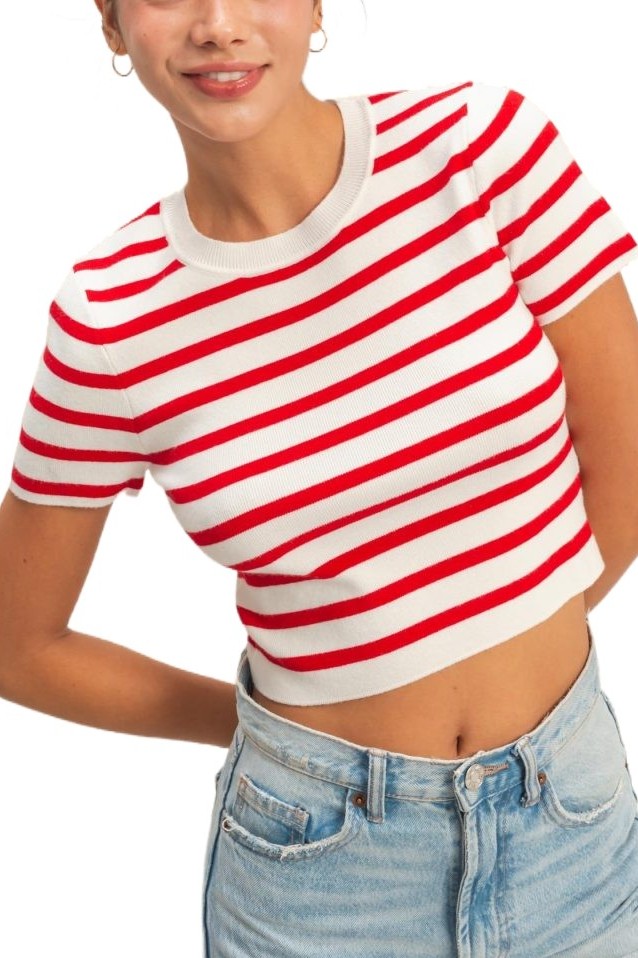 Striped And Knit Crew Neck Crop Top