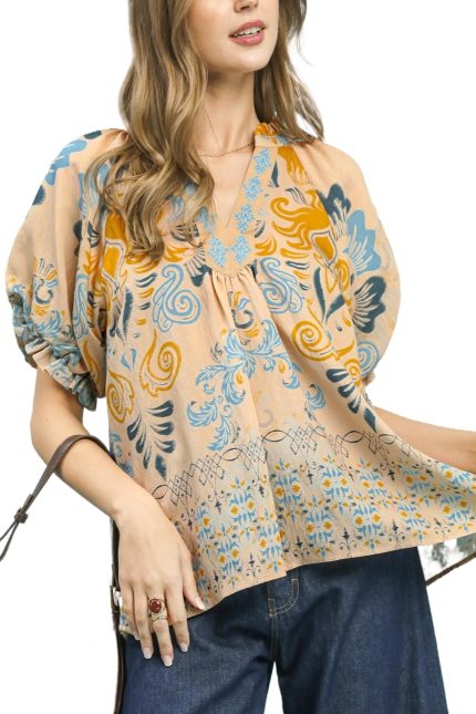 Border Print Puff Sleeve V-neck Blouse