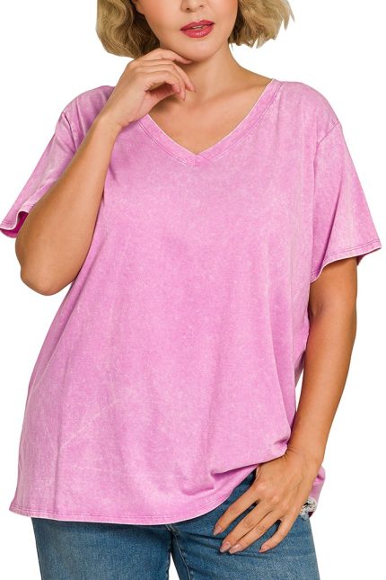 Plus Washed Short Sleeve V-neck Top