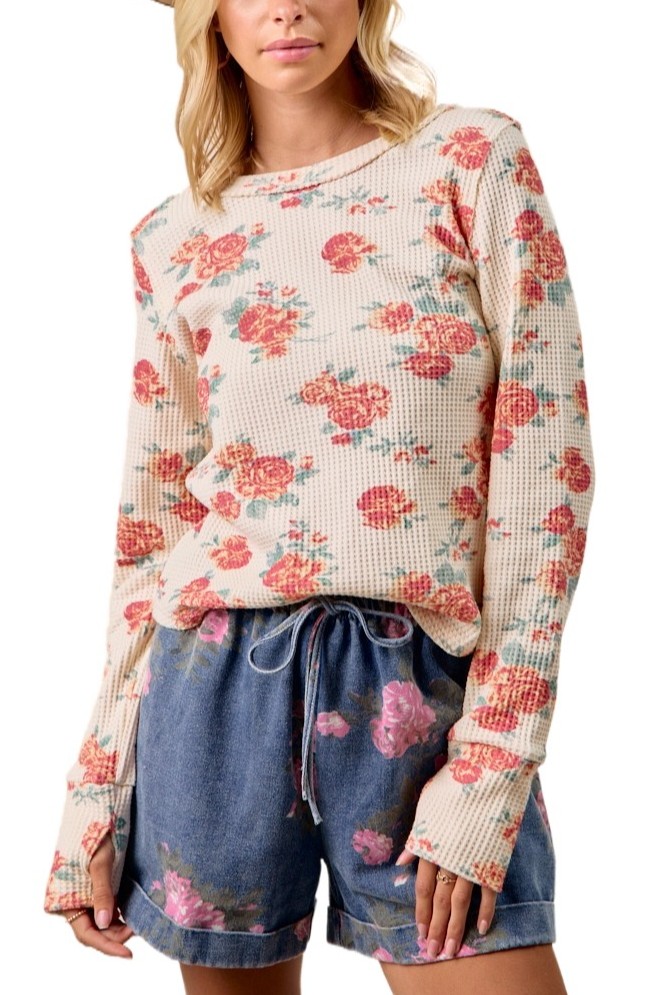 Floral Print Washed Waffle Thermal Top With Thumb