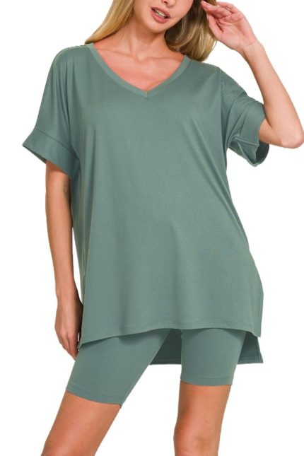 Brushed Dty Microfiber V-neck Top And Biker Shorts