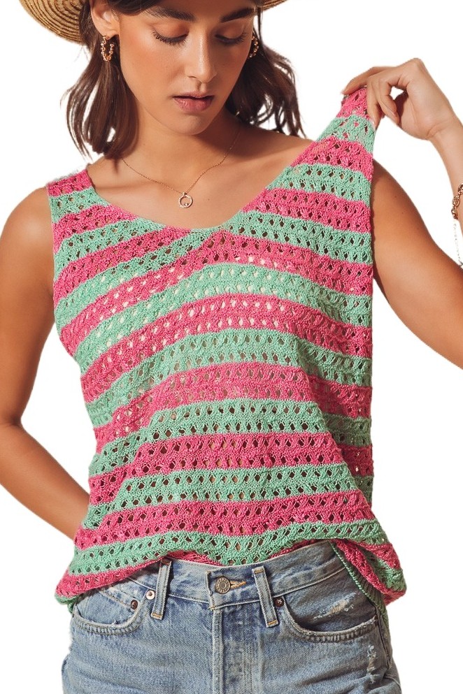 Striped Crochet Open Knit Sleeveless Summer Top
