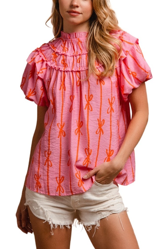 Woven Bow Printed Ruffle Bubble Sleeve Top