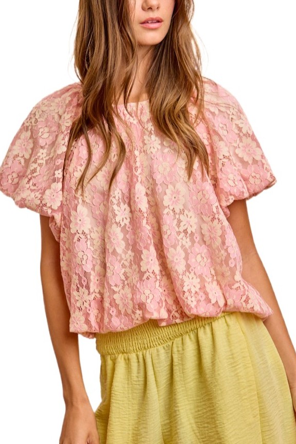 Floral Lace Shirred Neckline Bubble Hem Top