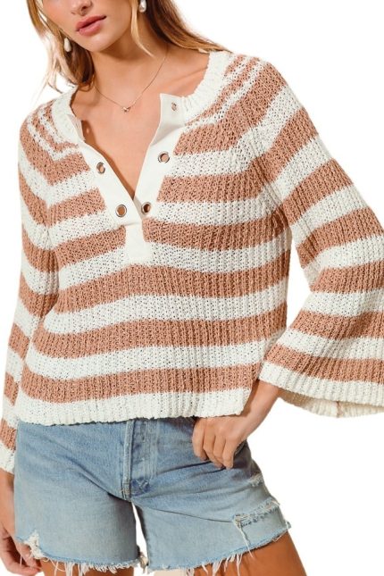 Eyelet Placket Stripe Sweater Top