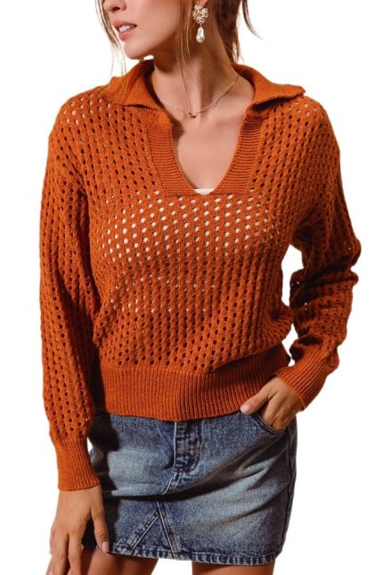 Open Knit Polo Sweater Top