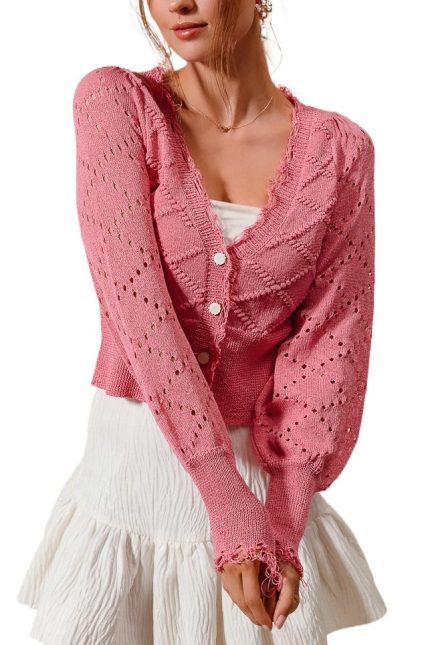 Cable Knit Crop Cardigan With Frayed Edge