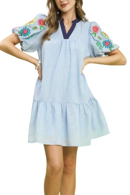 Embroidered Puff Sleeve Tiered Mini Dress