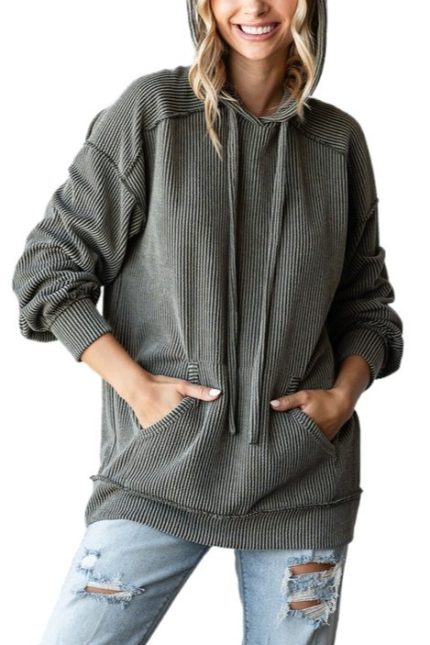 Solid Rib Front Pocket Hoodie