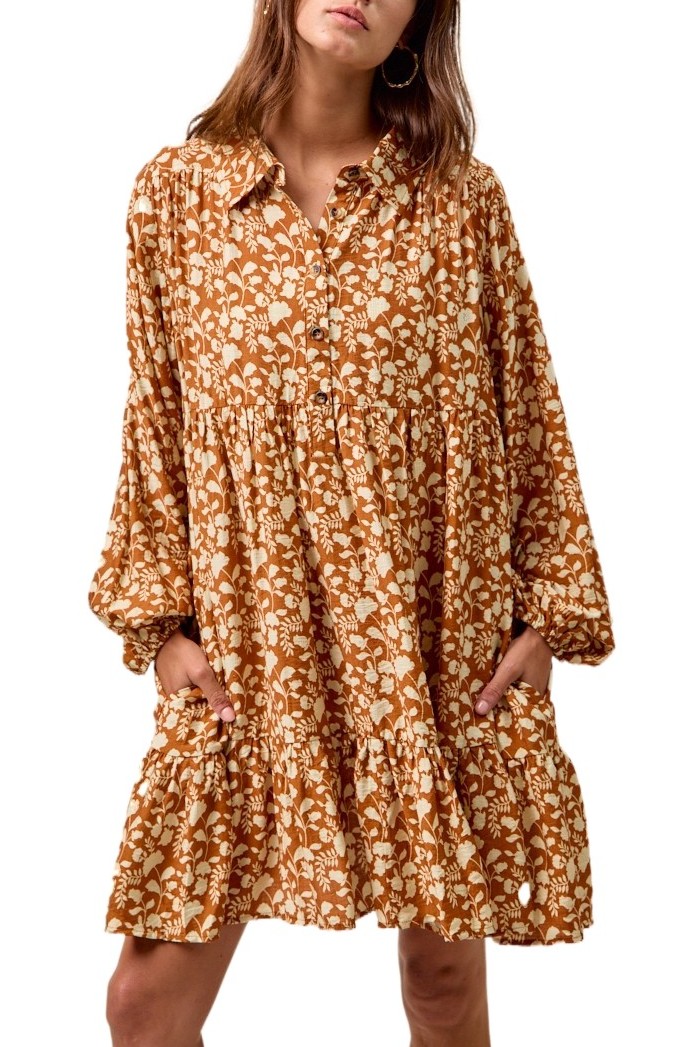 Floral Print Shirring Half Buttoned Tiered Shirt D