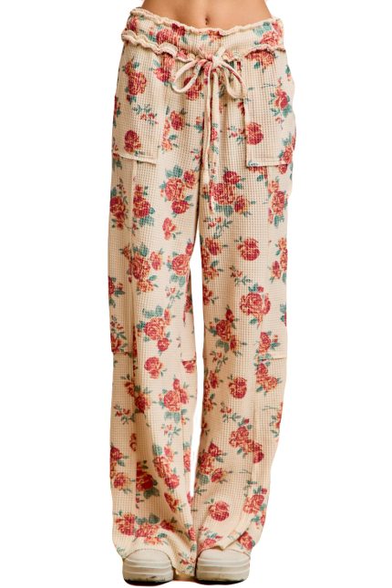 Floral Print Waffle Thermal Wide Leg Pants