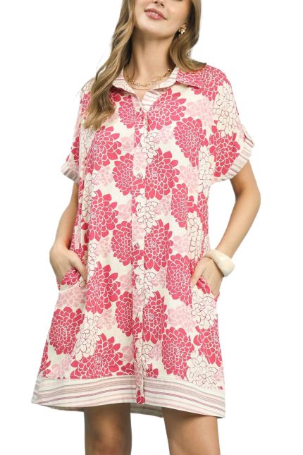 Floral Button-down Contrast Trim Shirt Dress