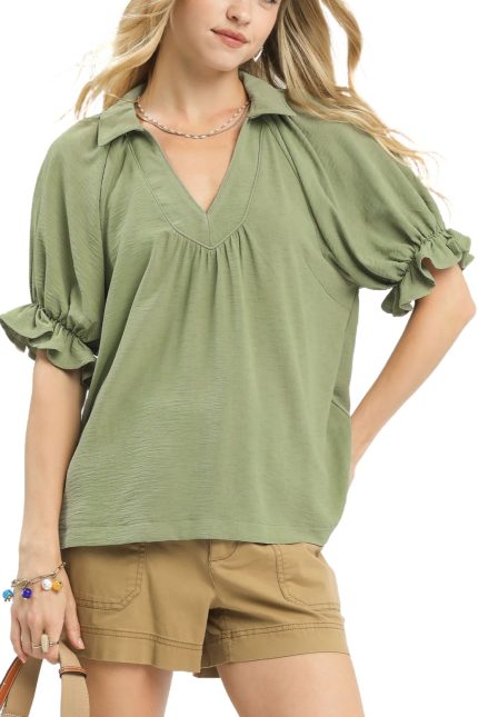 Solid Collared V-neck Top