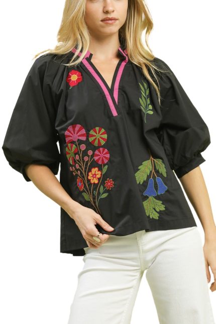 Embroidered Floral V-neck Blouse