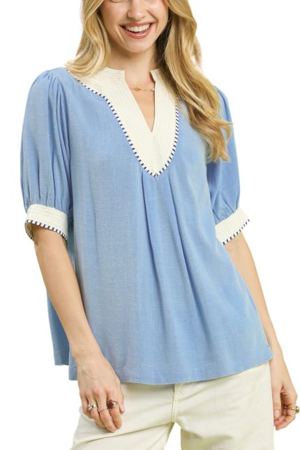 Linen Blned Contrast Trim Top
